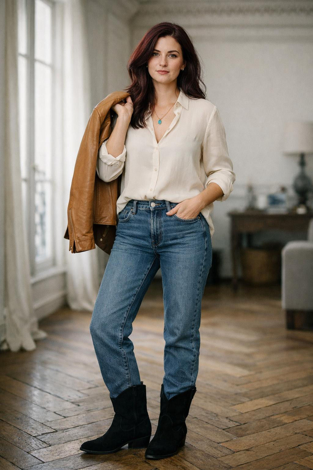 Short cowboy boots outfit with black suede boots and ivory blouse