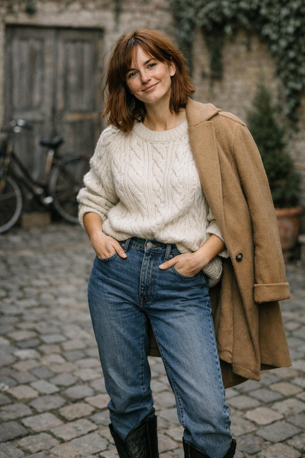 Short cowboy boots outfit styled with cream cable knit sweater and camel coat