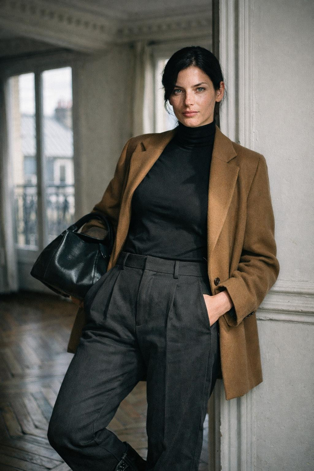 Short cowboy boots outfit featuring tailored charcoal trousers and camel blazer