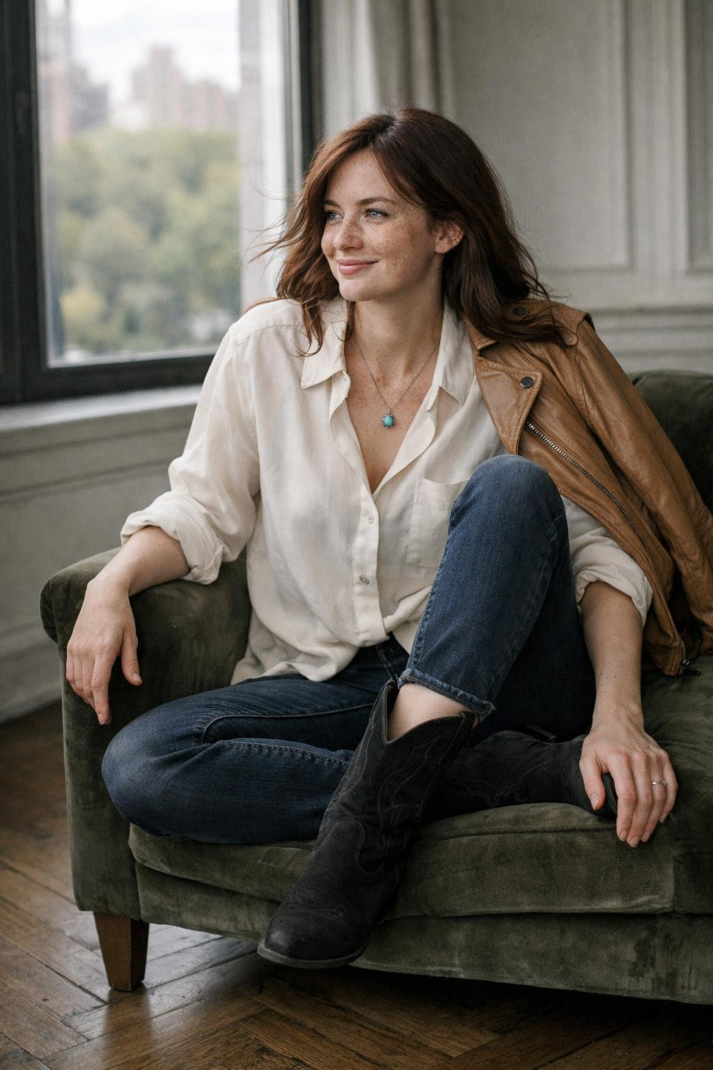 Short cowboy boots outfit with black suede boots and ivory silk shirt