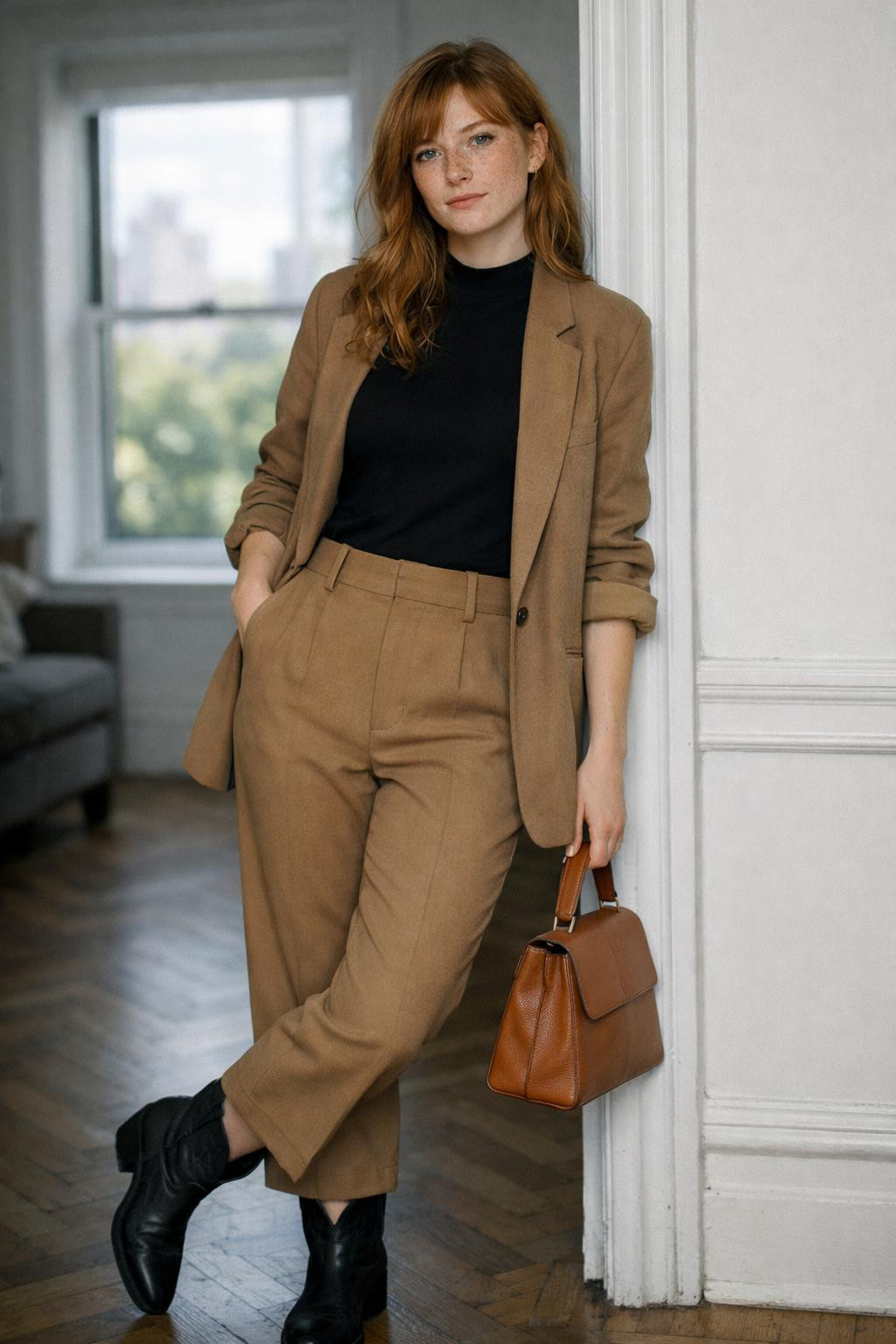 Short cowboy boots outfit styled with camel blazer and black bodysuit