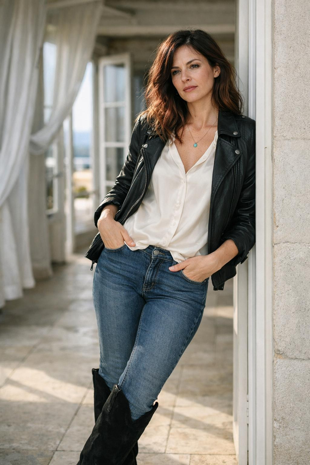 Knee high boots outfit featuring black suede Western boots with silk blouse