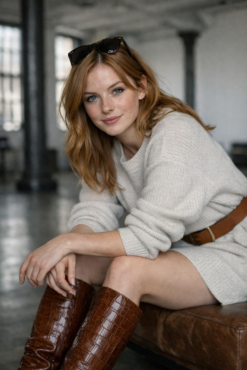 Knee high boots outfit with cognac croc-embossed boots and sweater dress