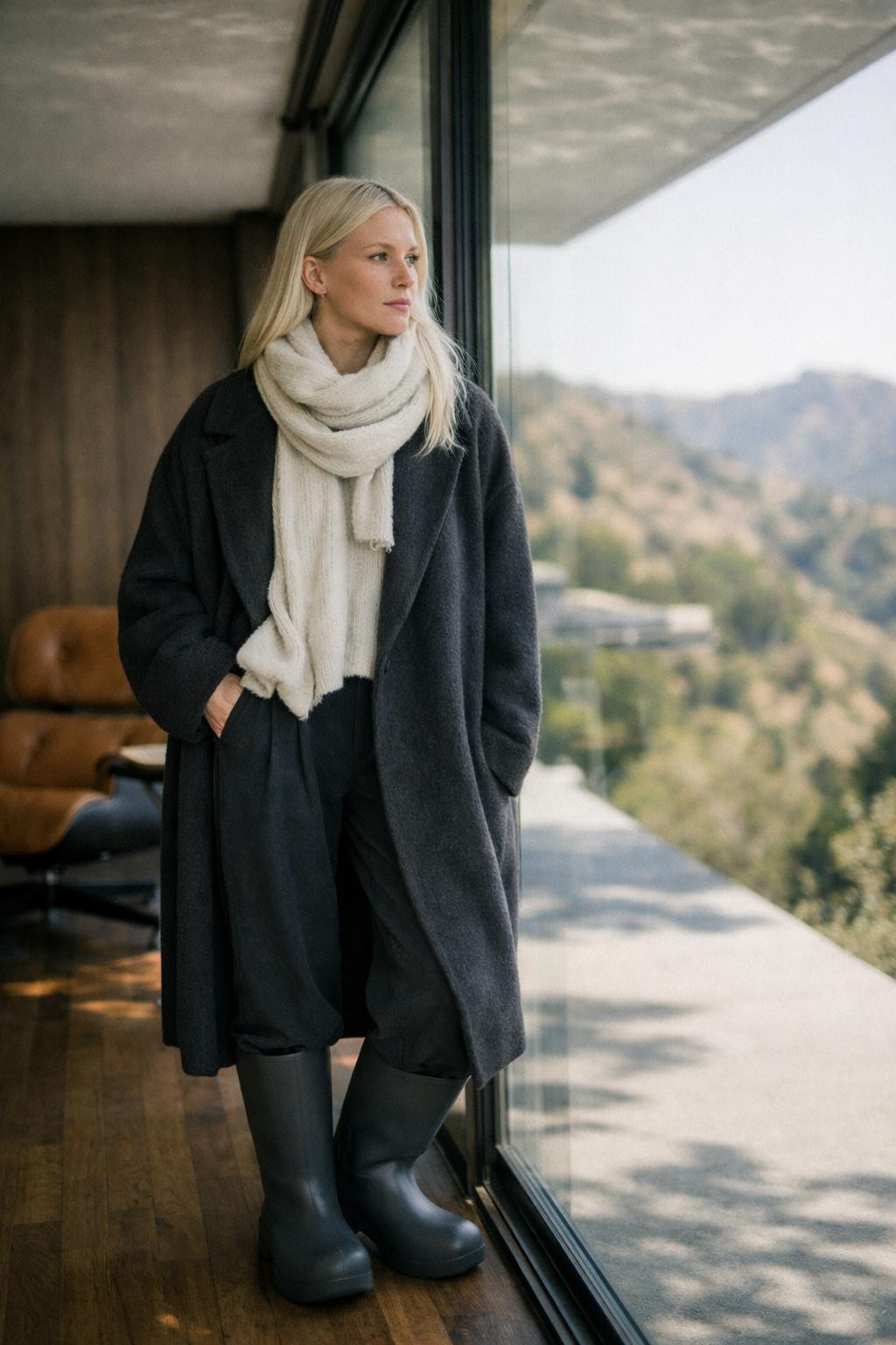 Knee high boots outfit featuring storm grey boots with charcoal coat