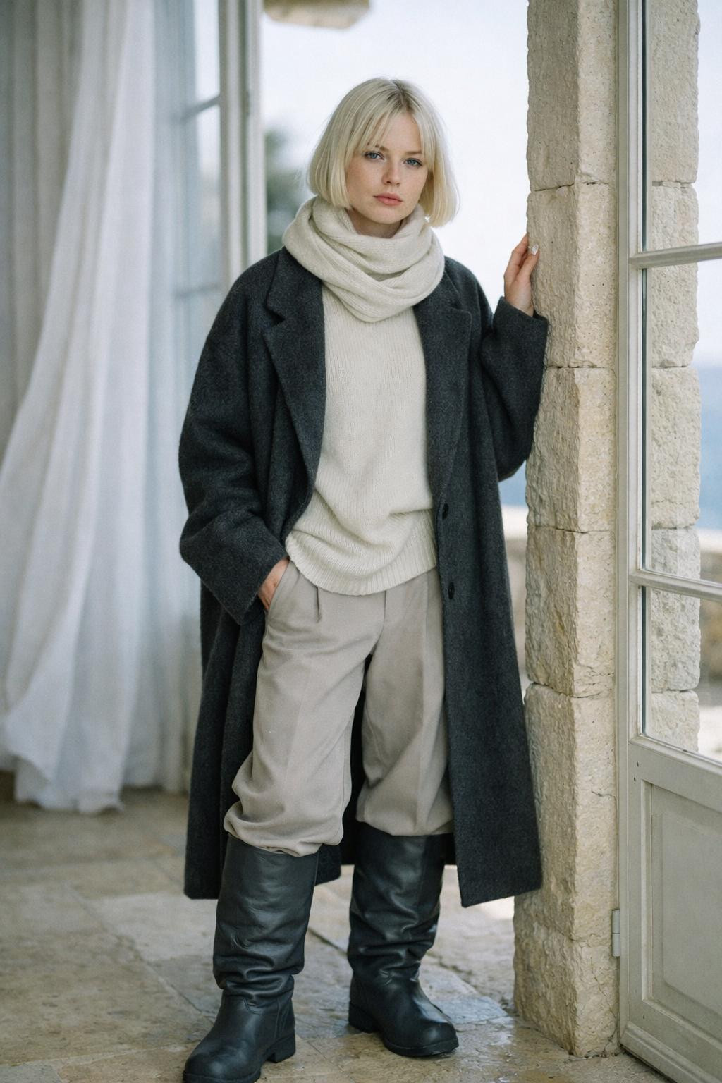 Knee high boots outfit featuring storm grey puddle boots and charcoal coat