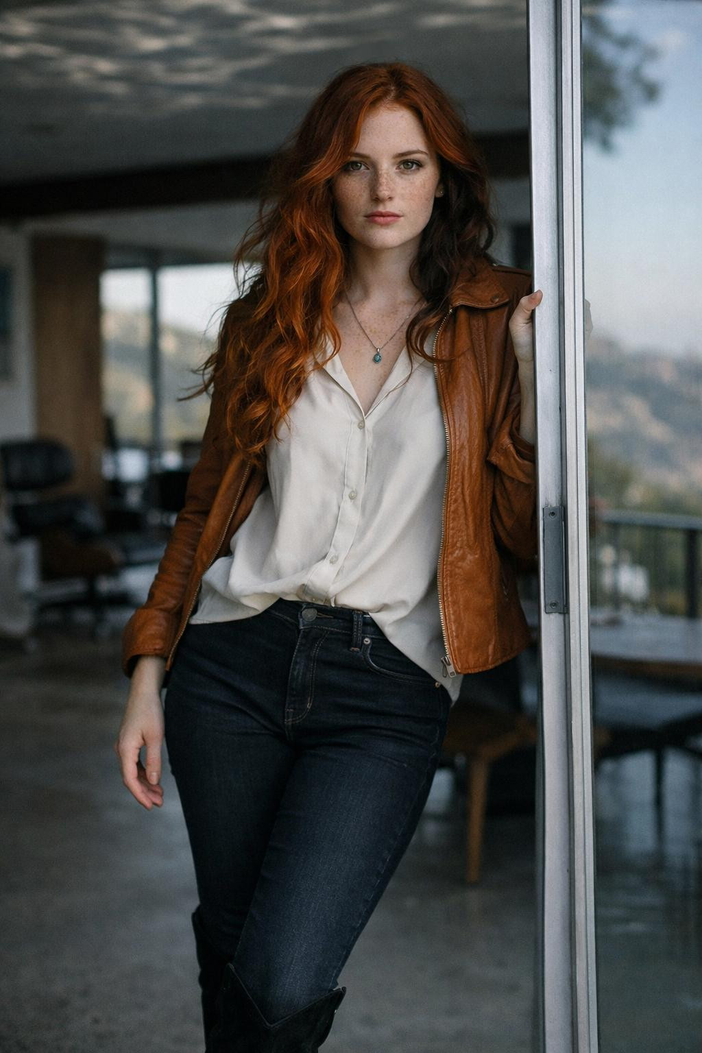 Knee high boots outfit featuring black suede boots with cognac leather jacket