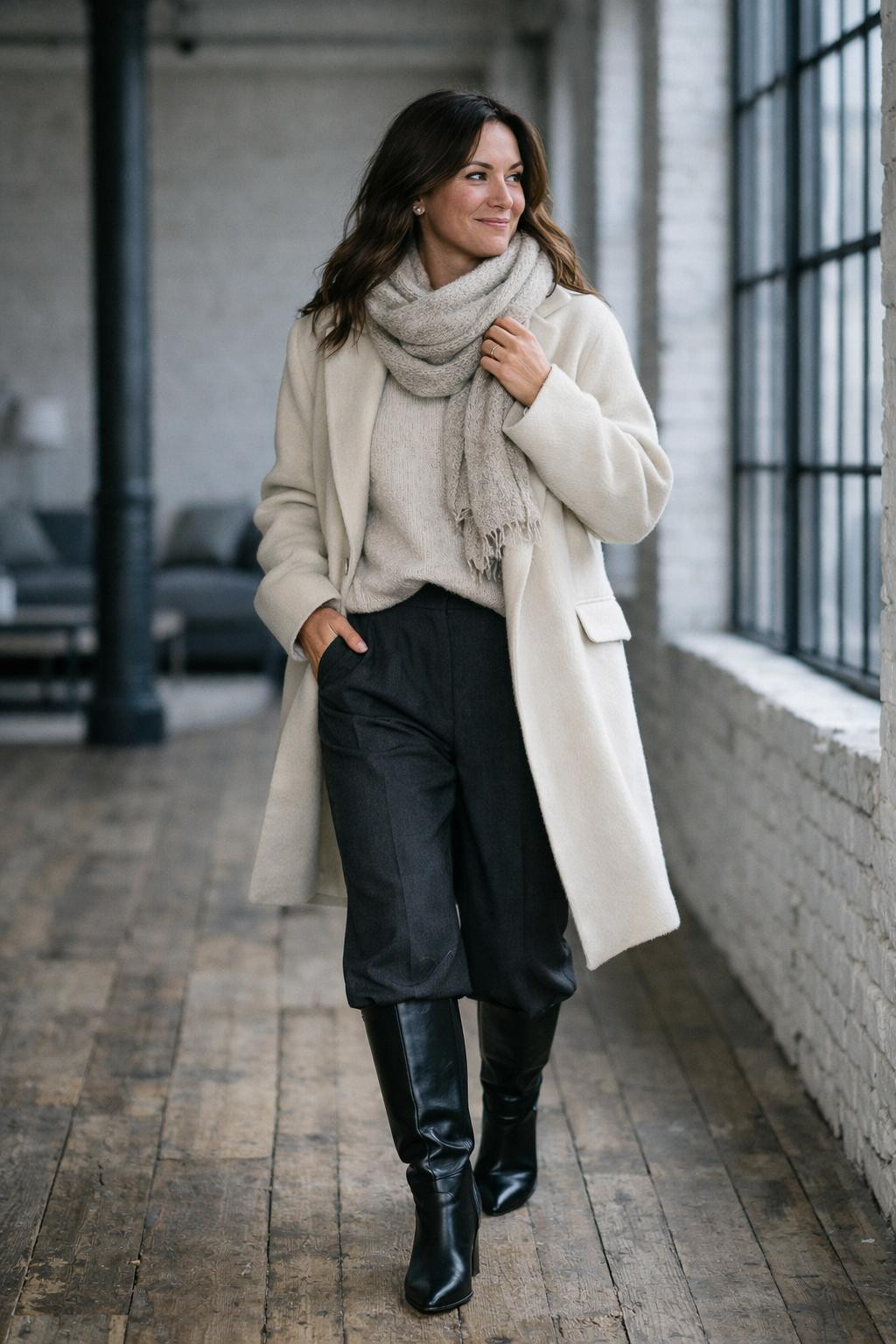 Knee high boots outfit featuring black leather boots with cream coat