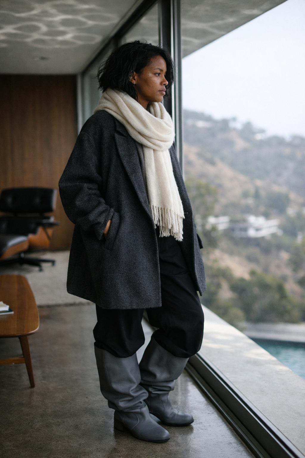 Knee high boots outfit featuring grey puddle boots and oversized coat