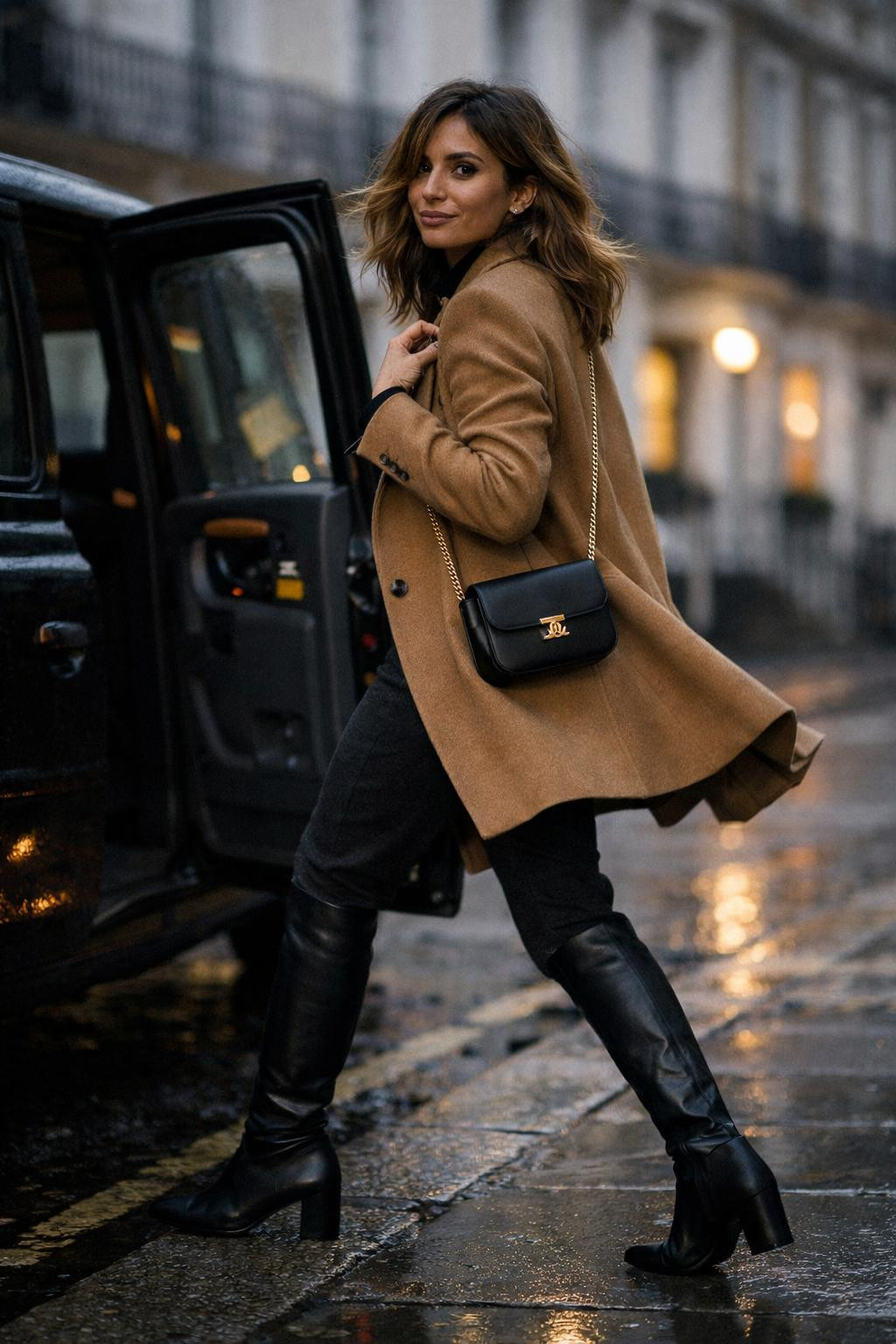 Black knee high boots outfit stepping from London cab