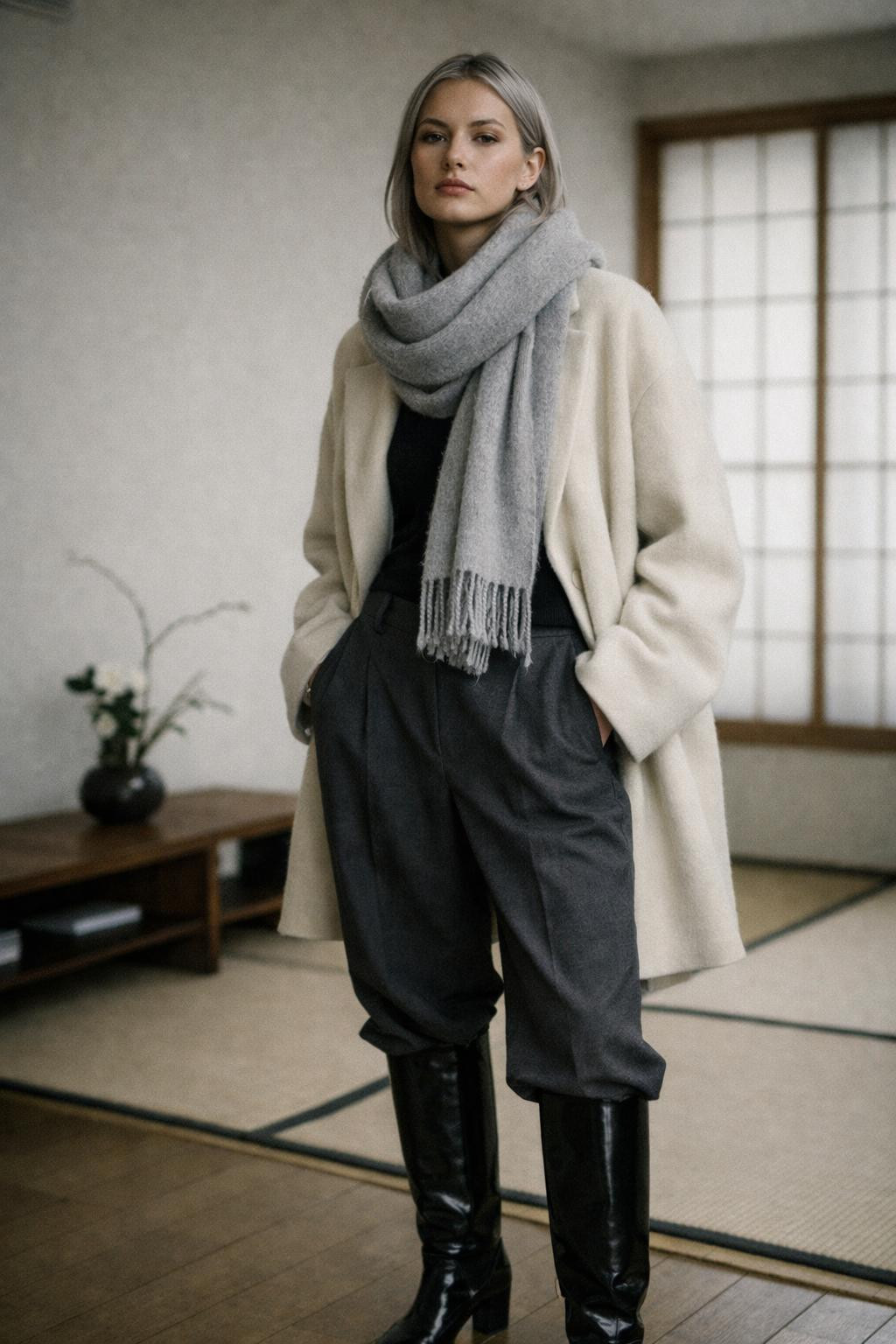 Black knee high boots outfit with cream wool coat