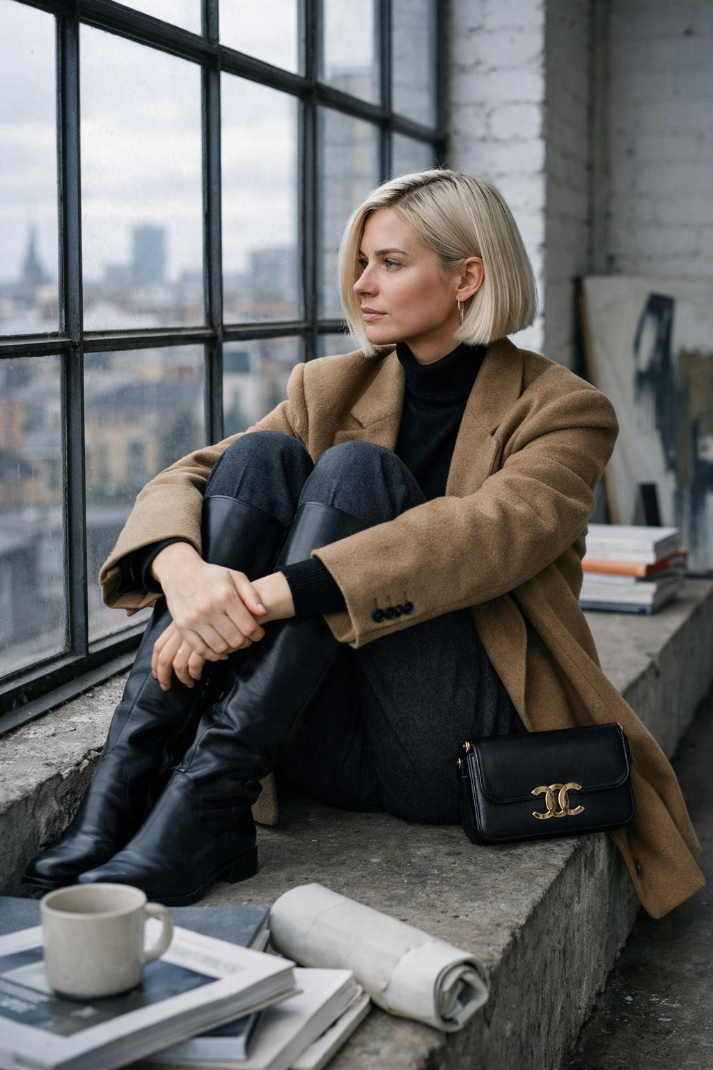 Black knee high boots outfit with camel blazer and charcoal trousers