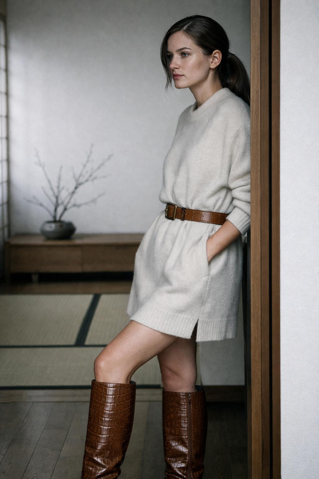 Black knee high boots outfit with cognac boots and cream sweater dress