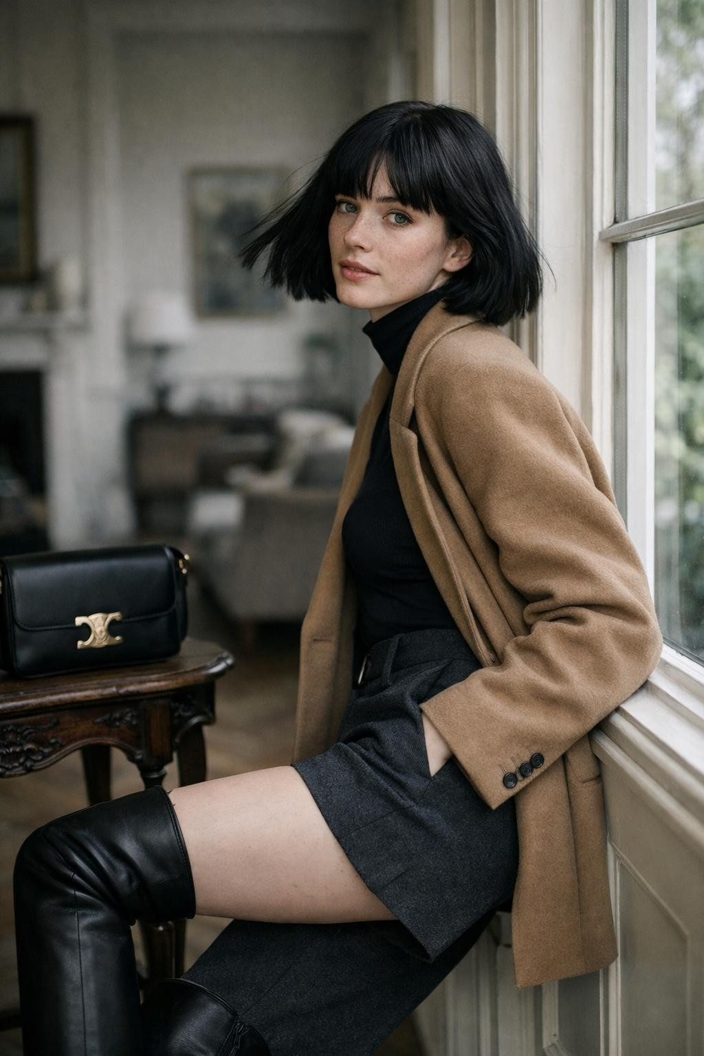 Black knee high boots outfit with camel wool blazer