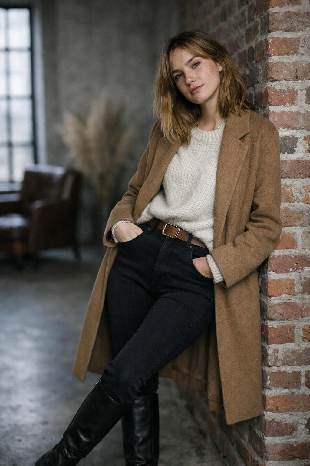 Black knee high boots outfit with camel midi coat