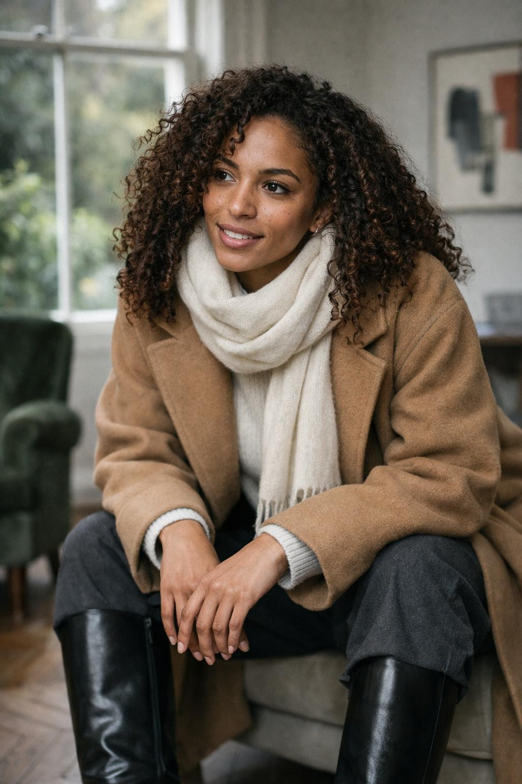Black knee high boots outfit with camel wool coat and cream turtleneck