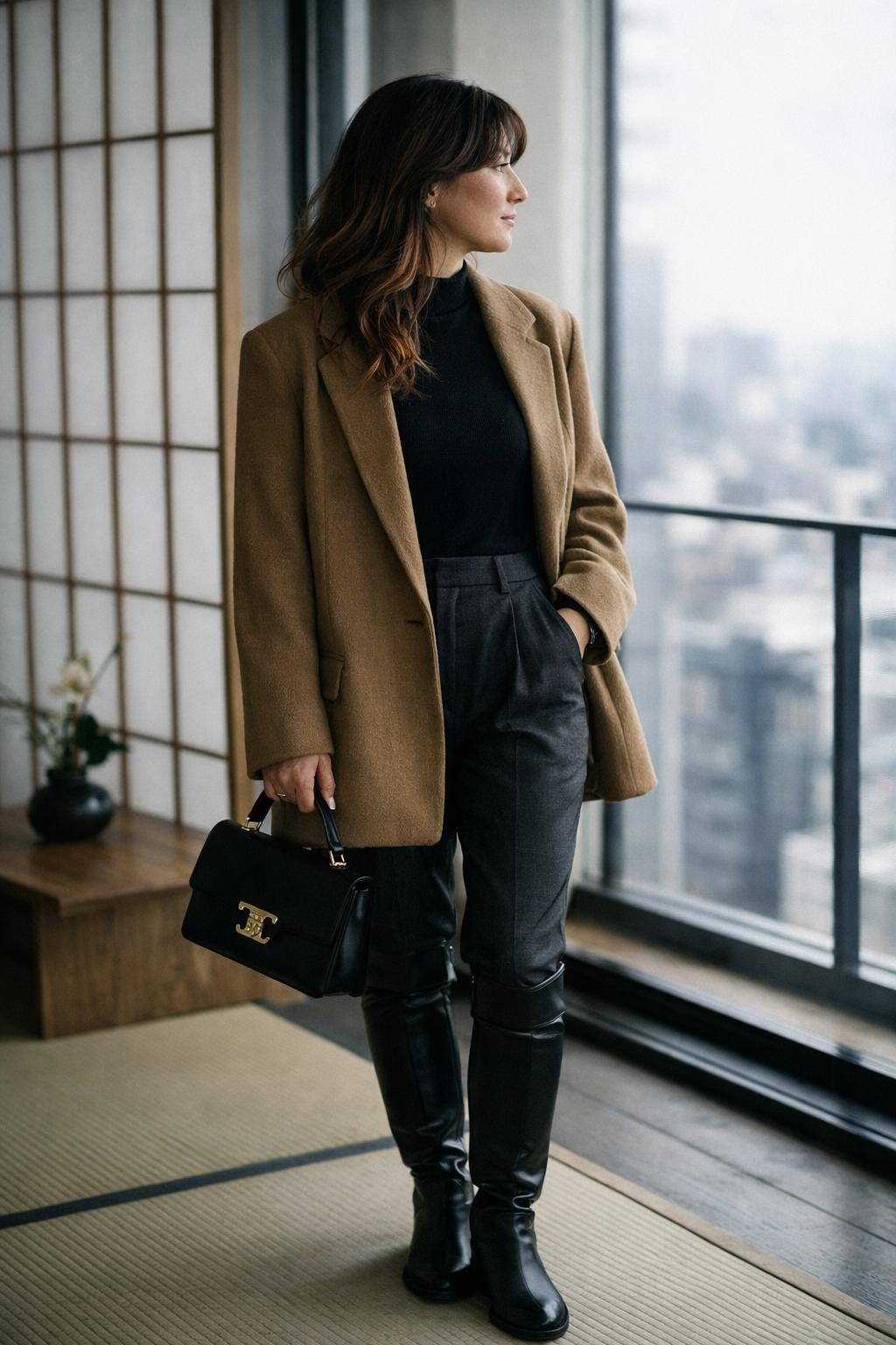 Black knee high boots outfit with camel oversized blazer