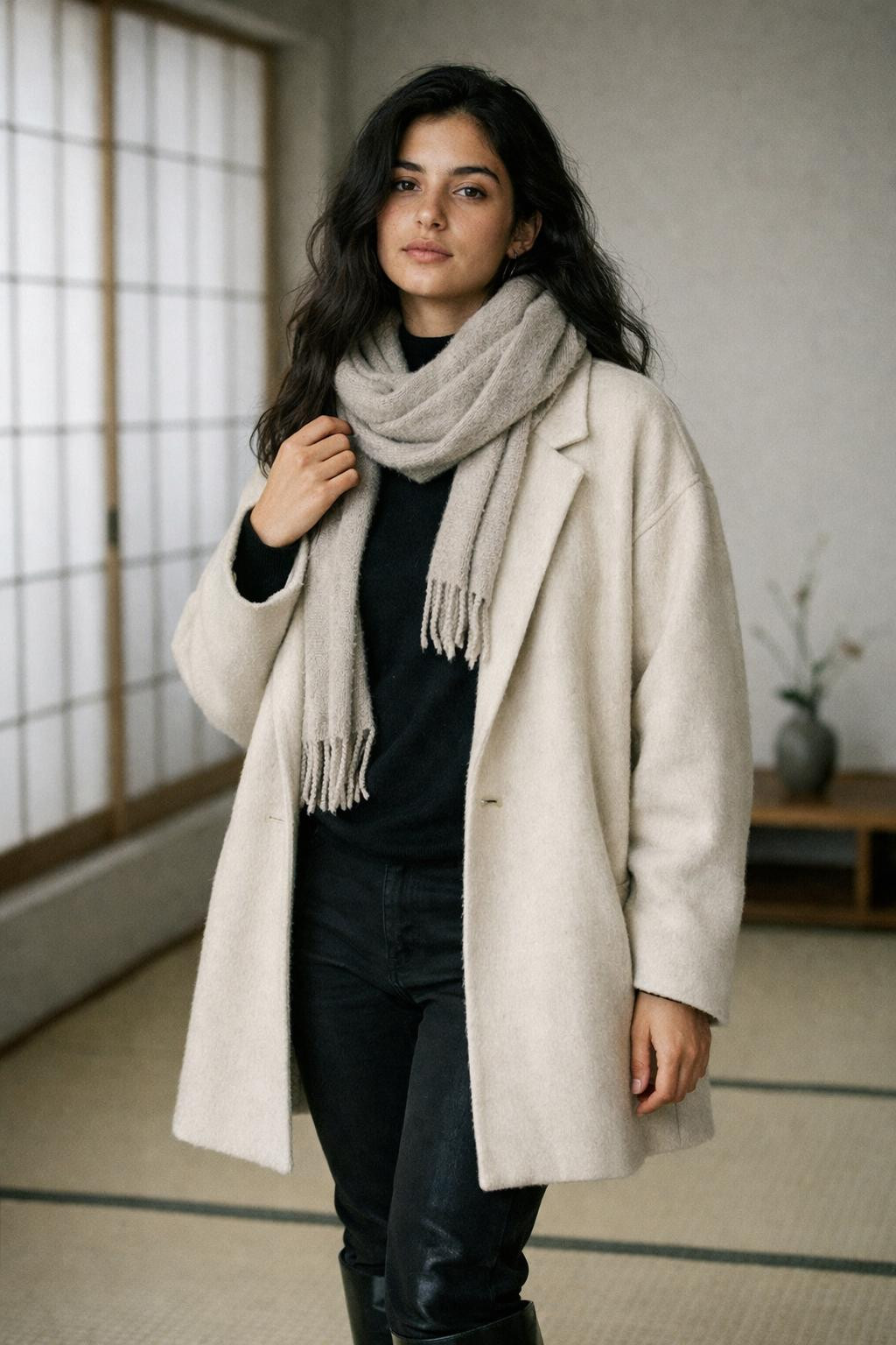 Black knee high boots outfit with oversized cream wool coat