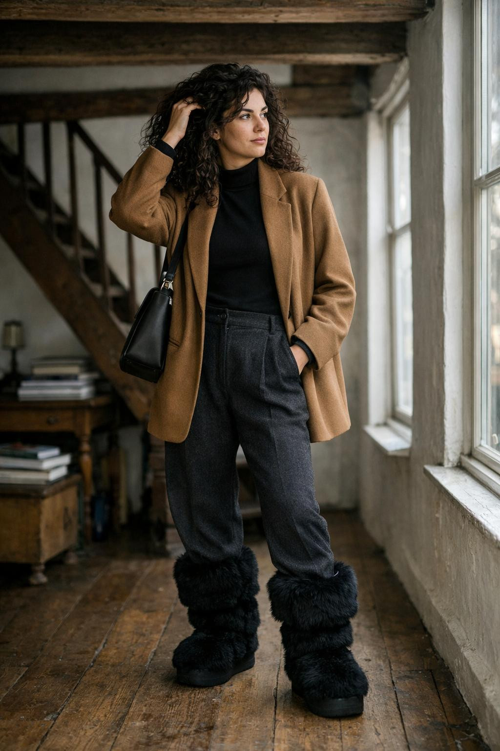 Fur boots outfit with black moon boots and wool blazer