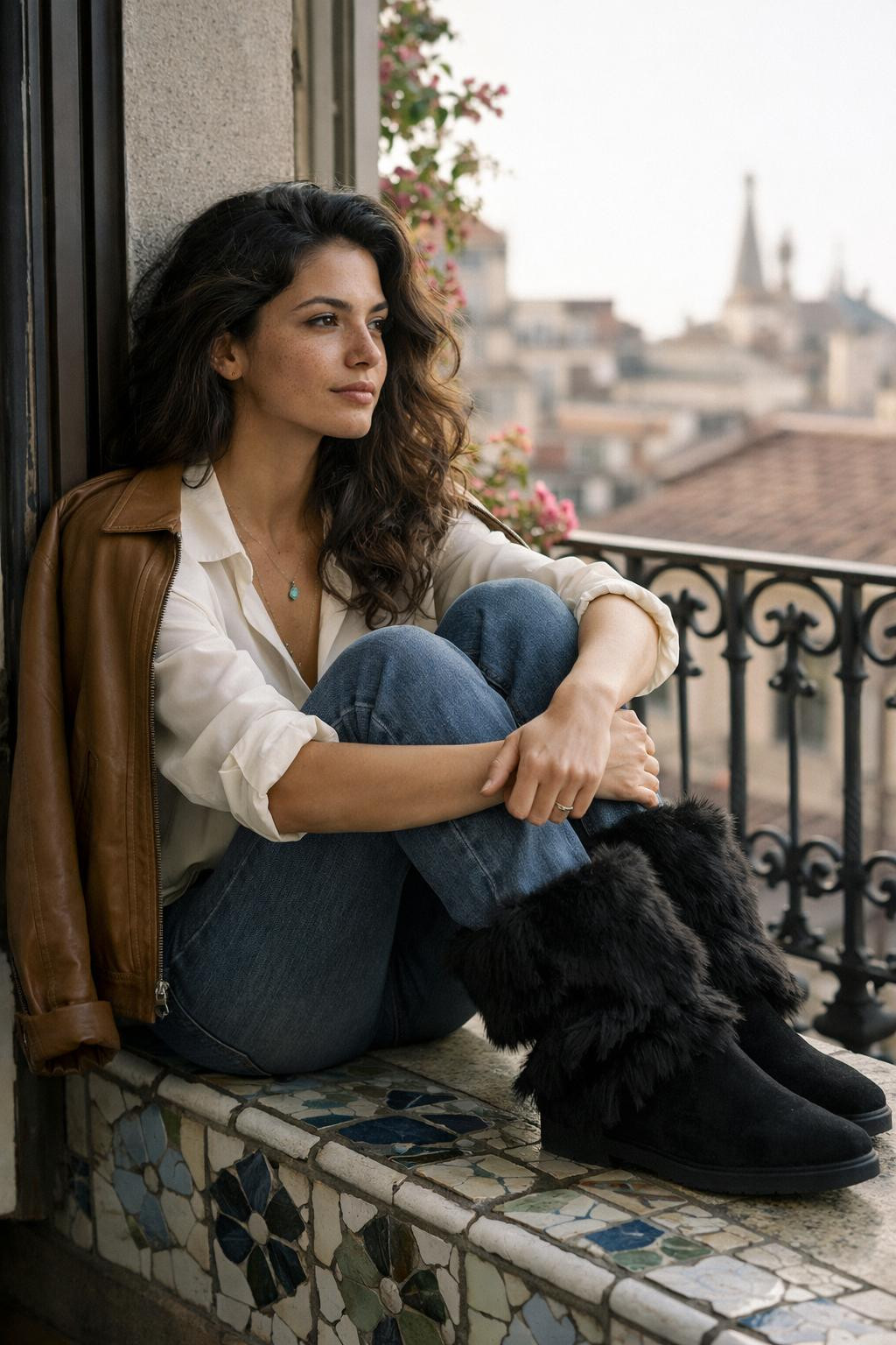 Fur boots outfit with black suede fur boots and silk blouse
