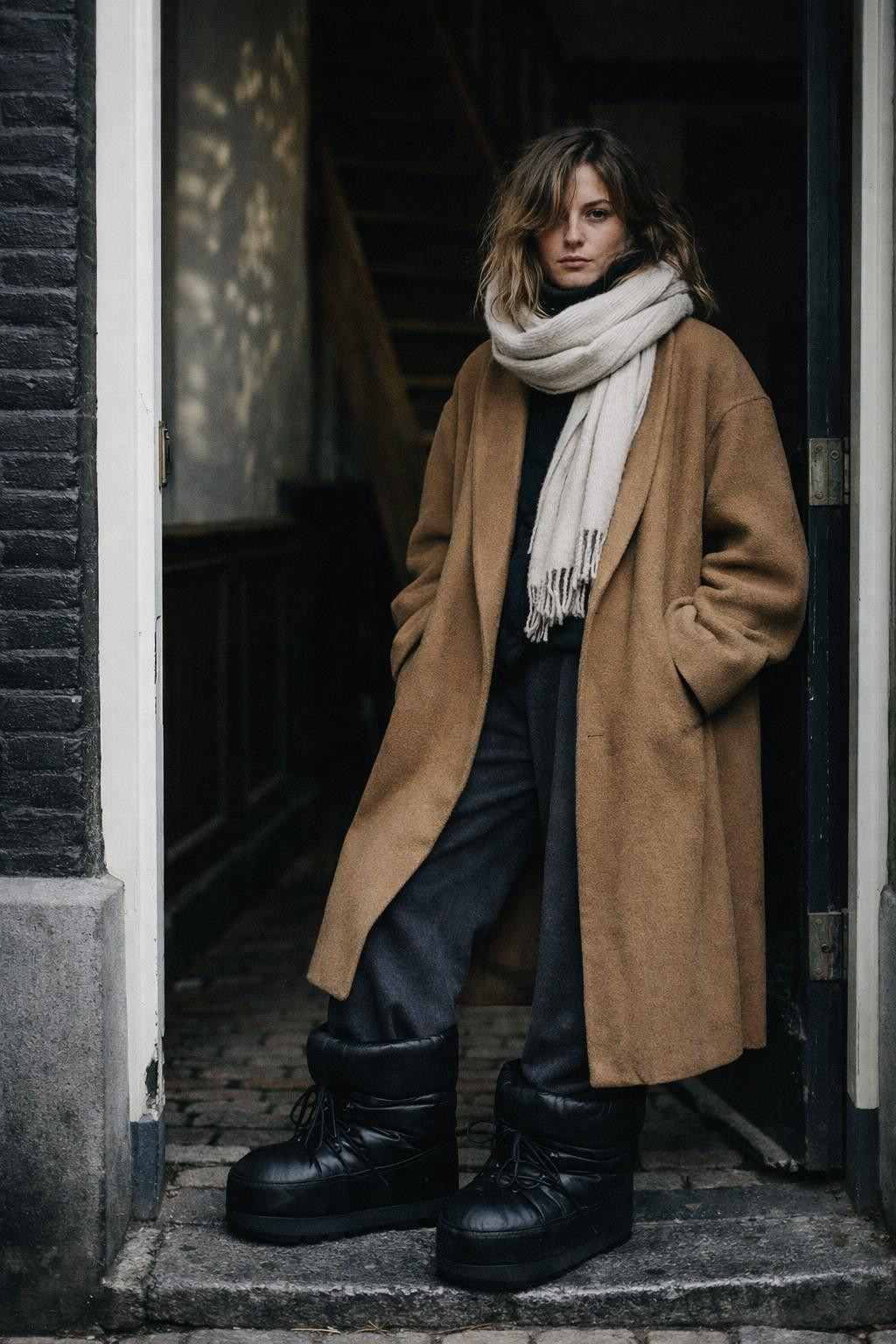 Fur boots outfit with black moon boots and wide-leg trousers