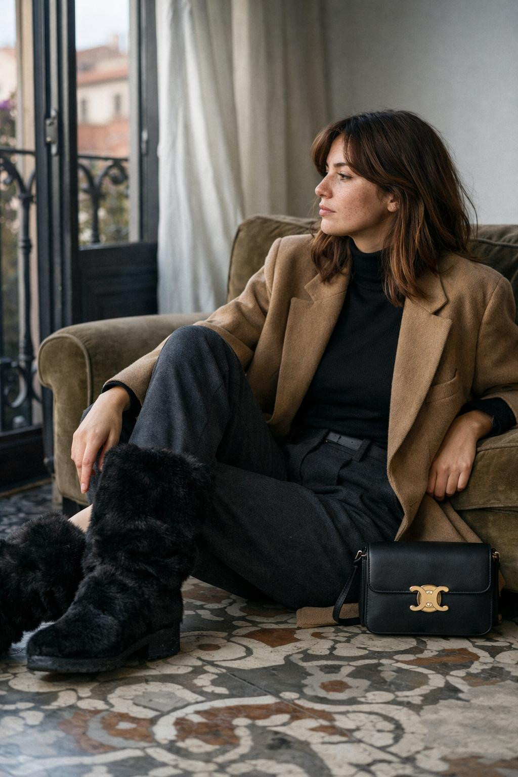 Fur boots outfit with black fur boots and tailored blazer