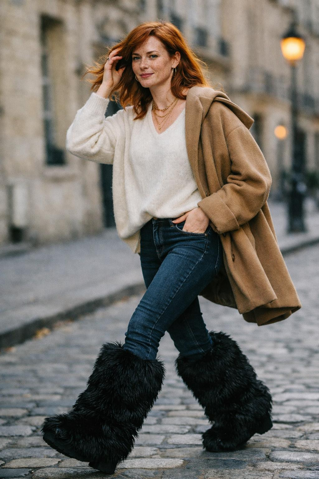 Fur boots outfit with black fur boots and oversized camel coat