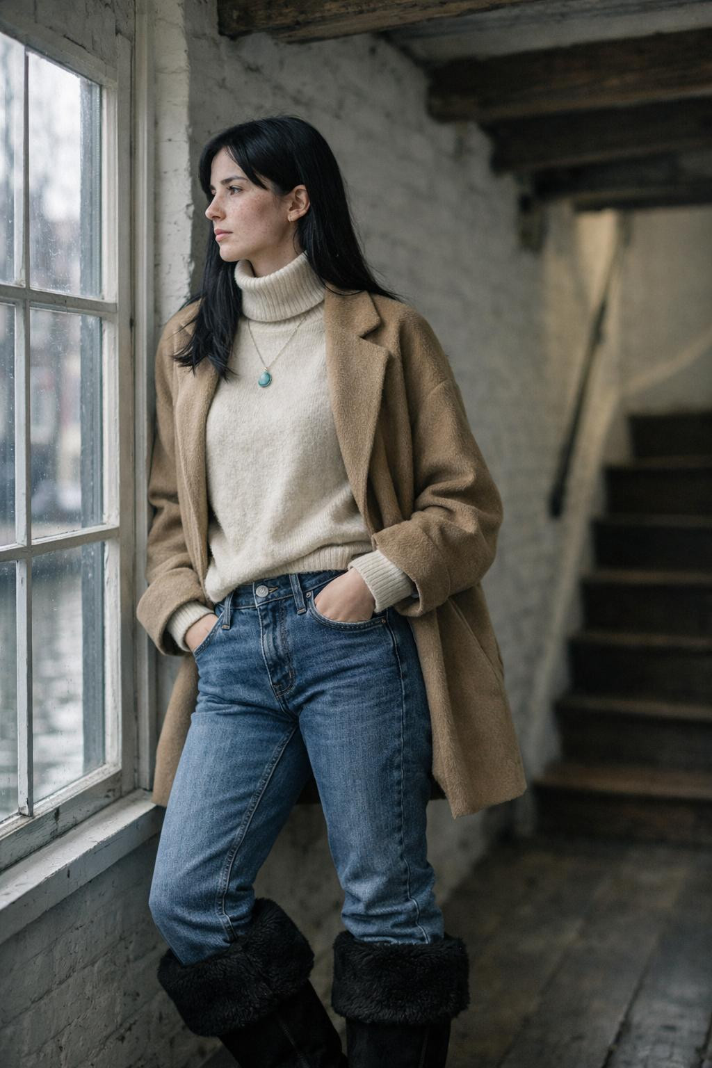 Fur boots outfit with black fur-trimmed boots and denim