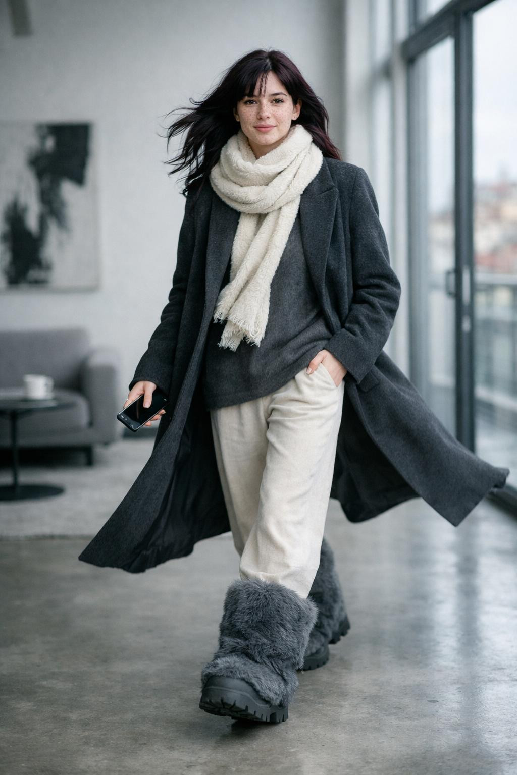 Fur boots outfit with storm grey fur boots and wool coat