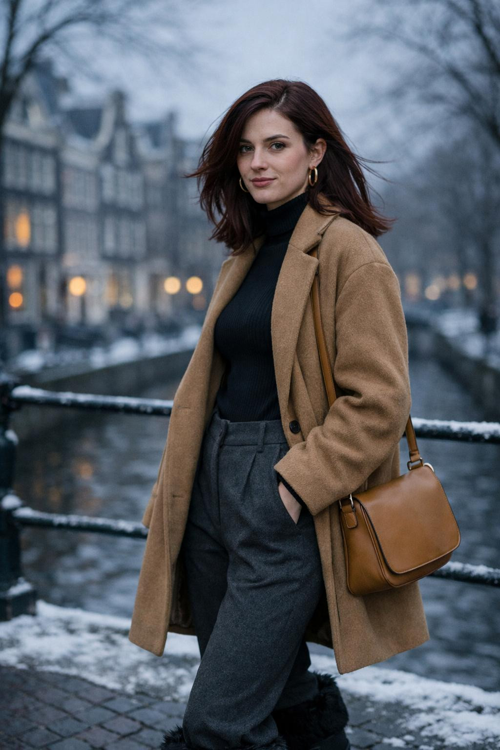Fur boots outfit with black moon boots and camel wool coat