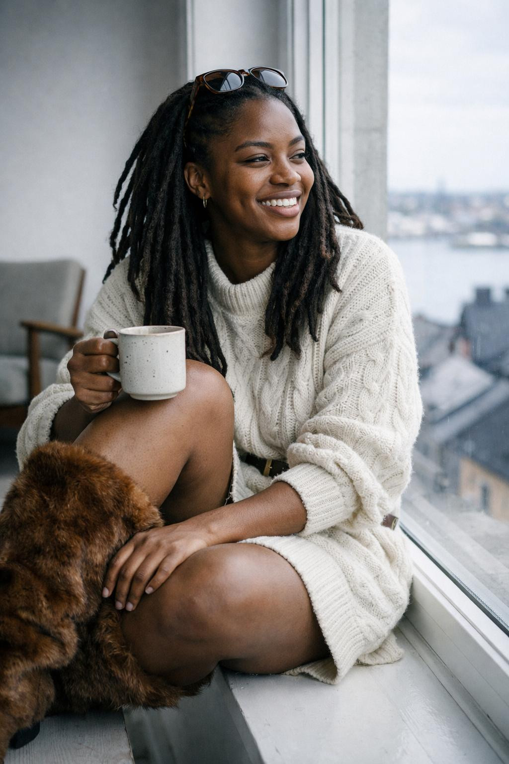 Fur boots outfit black women cognac boots with cable knit