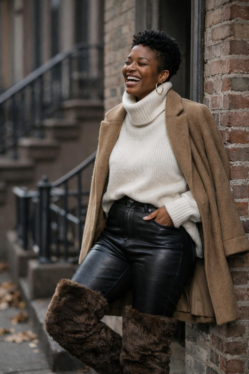 Fur boots outfit black women brown fur boots with leather pants