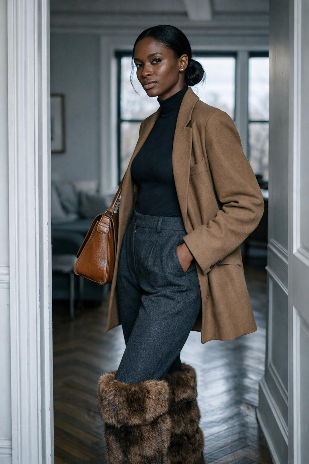 Fur boots outfit black women brown fur boots with wool trousers