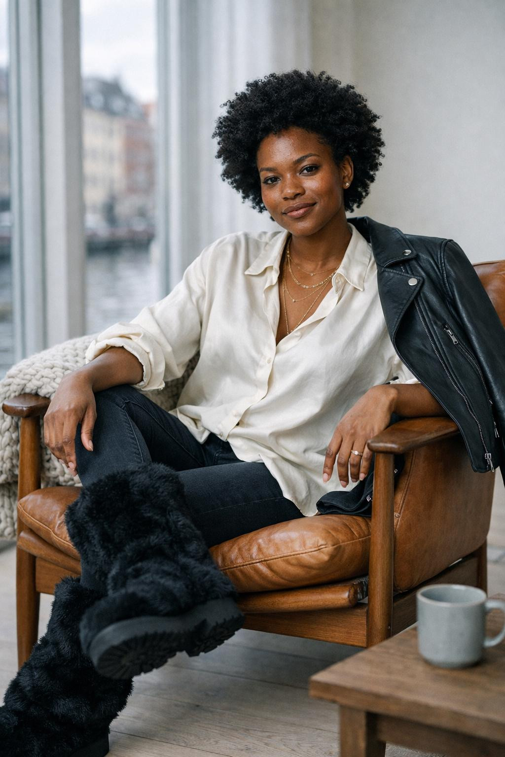 Fur boots outfit black women black fuzzy boots with silk blouse