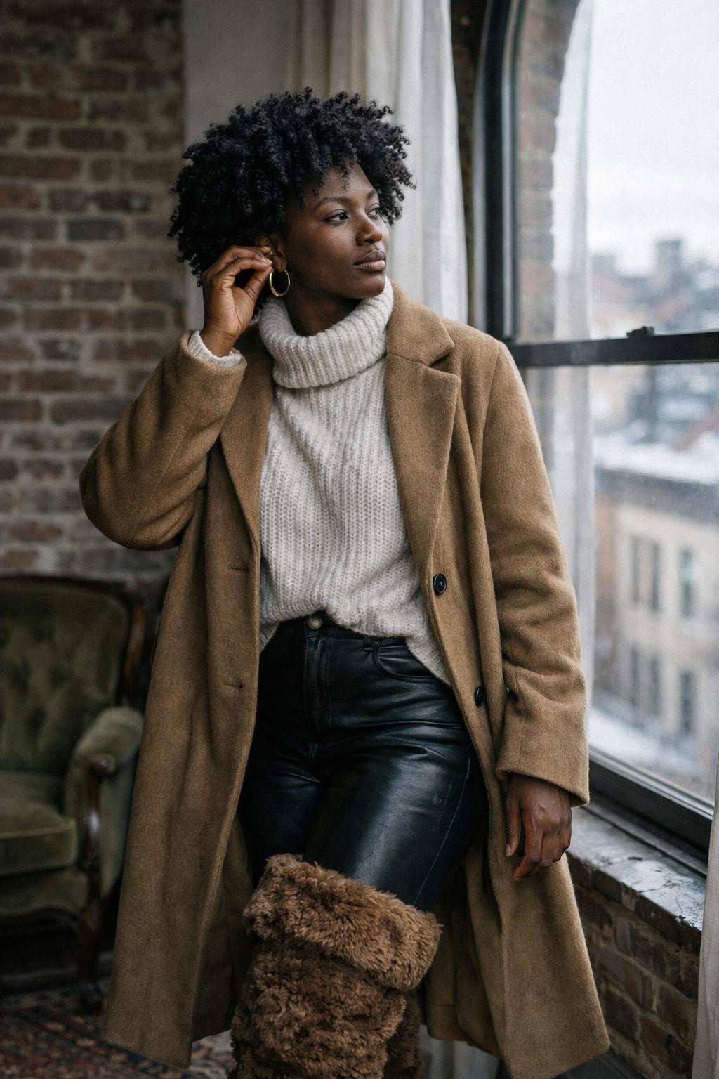 Fur boots outfit black women brown boots with wool coat