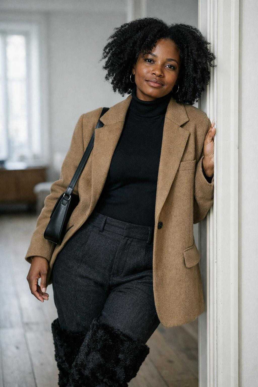 Fur boots outfit black women black fur boots with blazer coat