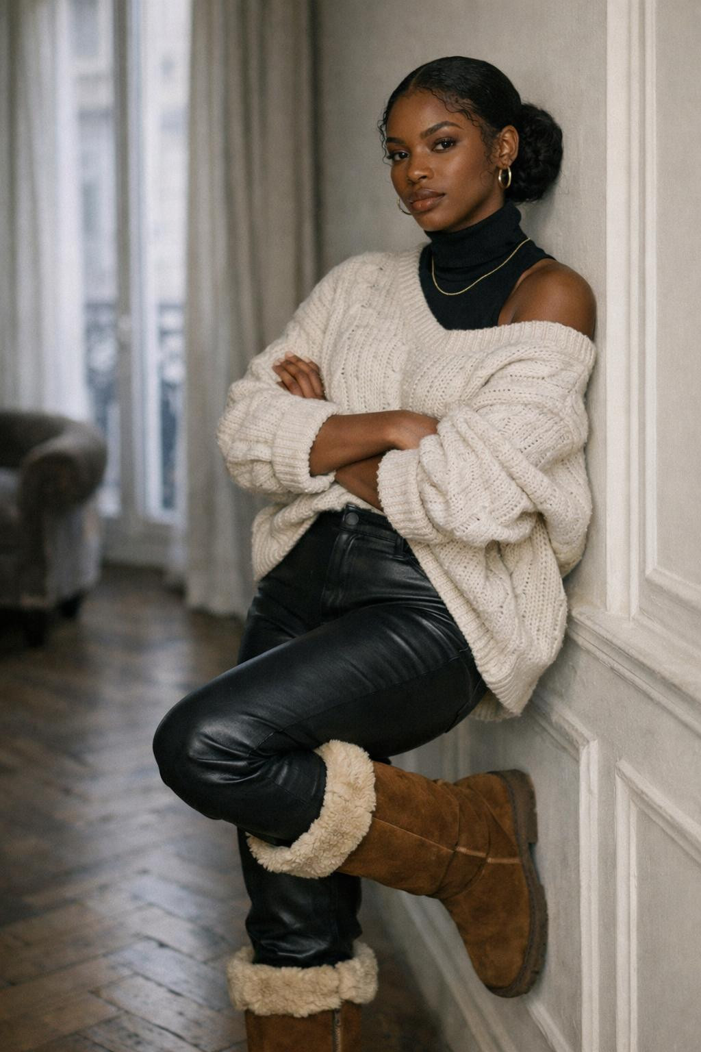 Fur boots outfit black women brown suede boots with leather pants