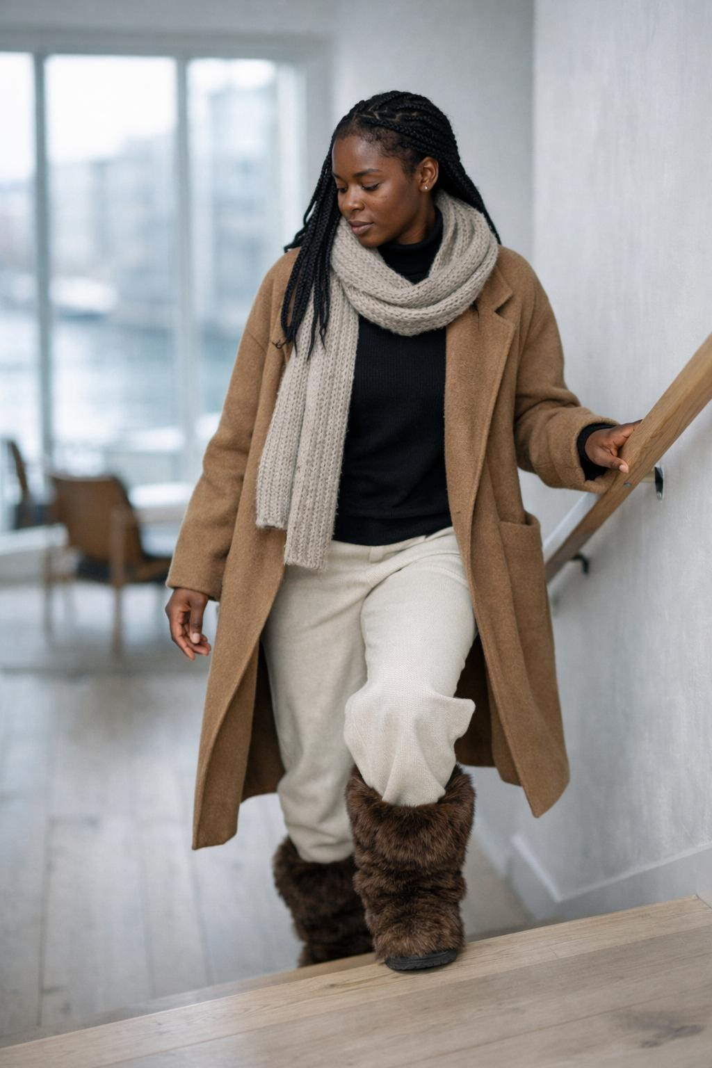 Fur boots outfit black women brown mid calf boots with trousers