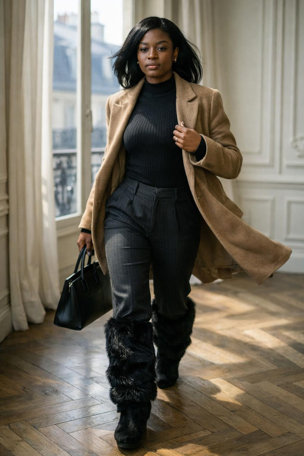 Fur boots outfit black women black fur boots with blazer