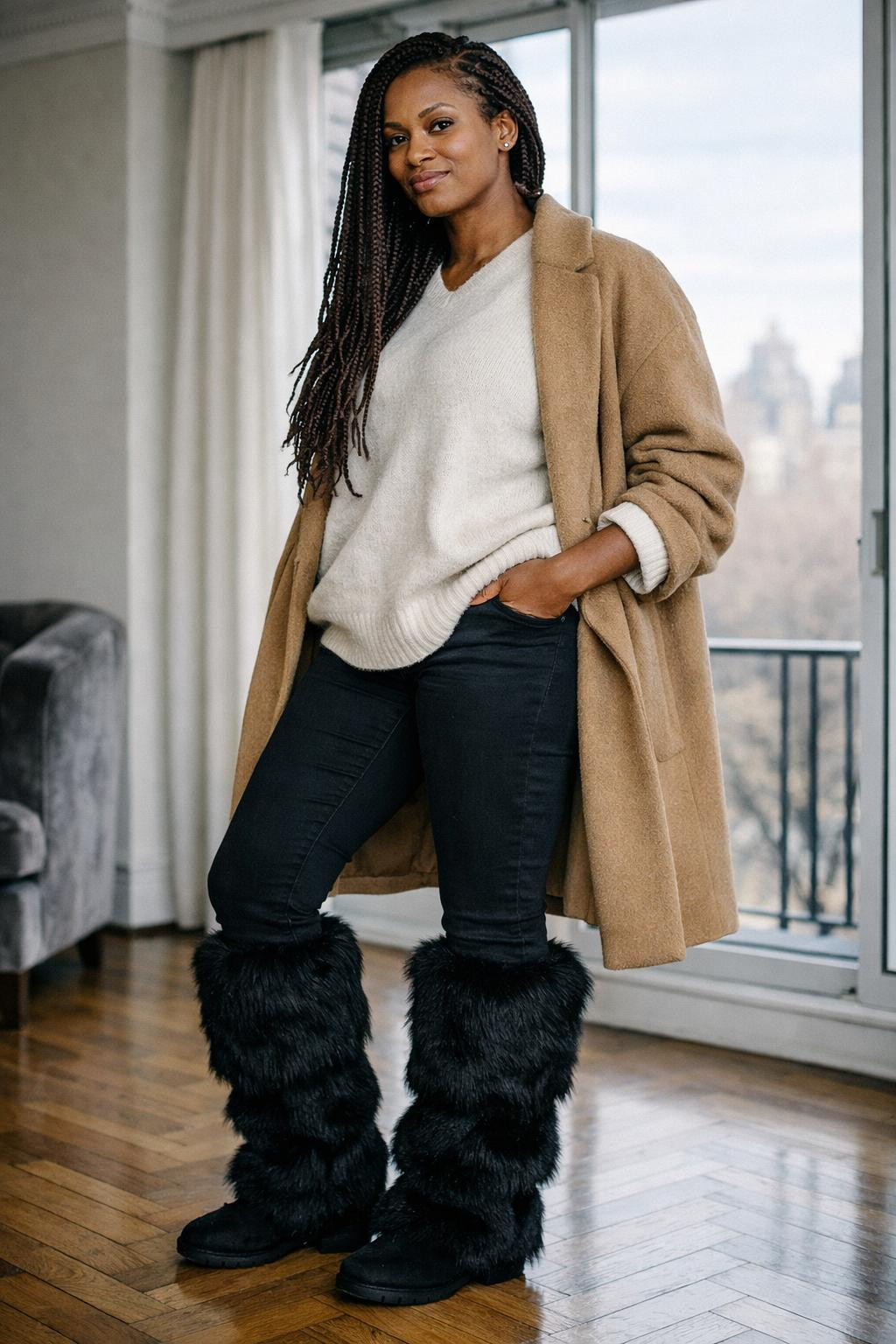 Fur boots outfit black women black fluffy boots with cashmere