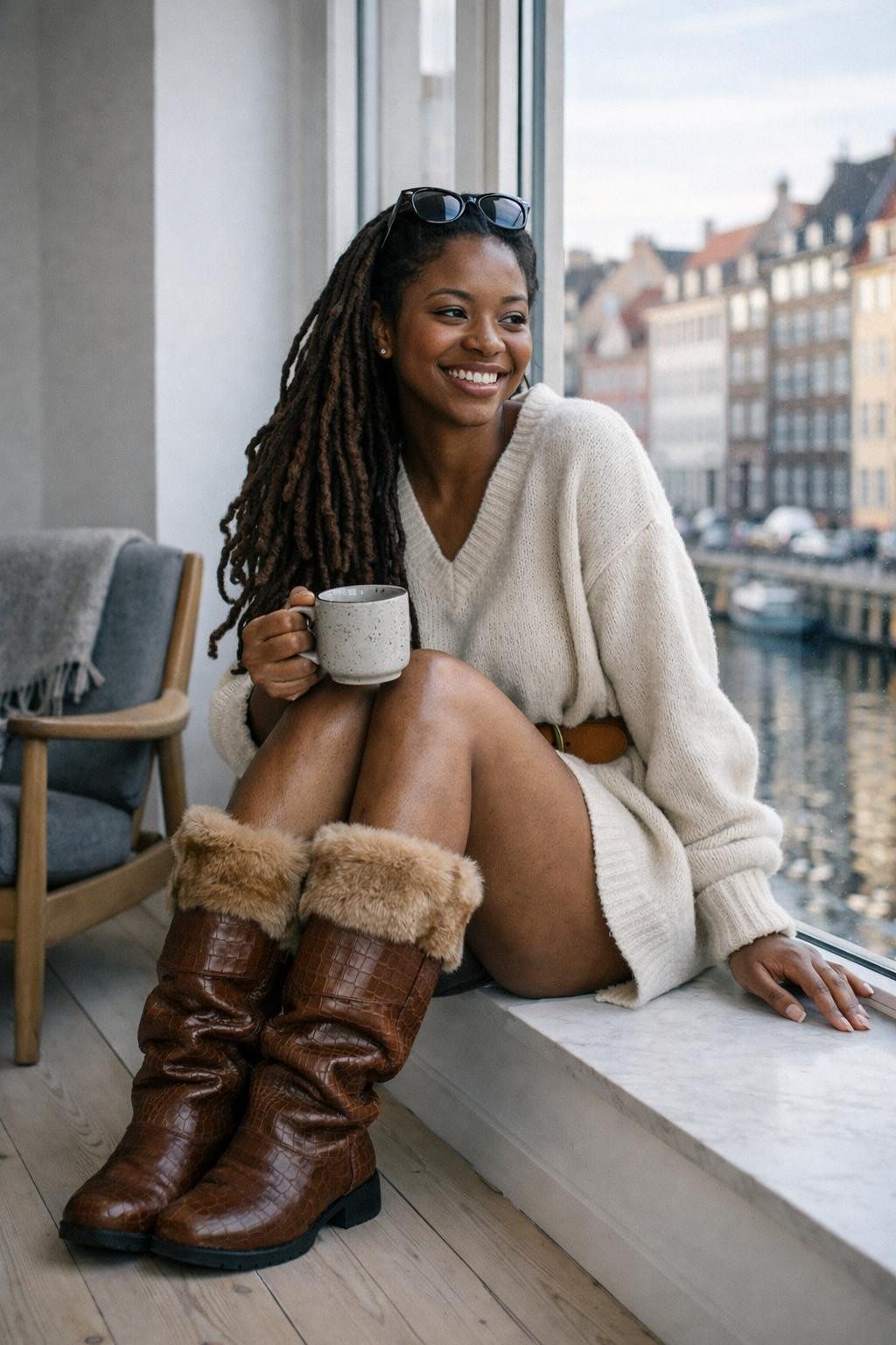 Fur boots outfit black women cognac boots with sweater dress