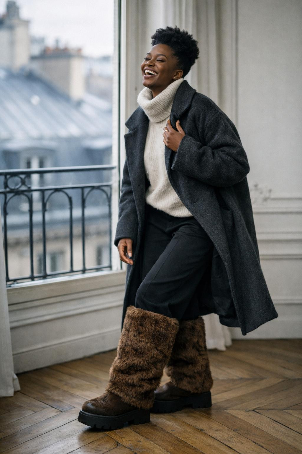 Fur boots outfit black women long brown fur boots with coat
