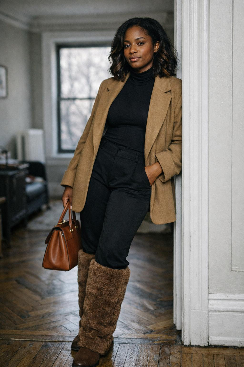 Fur boots outfit black women brown boots with blazer