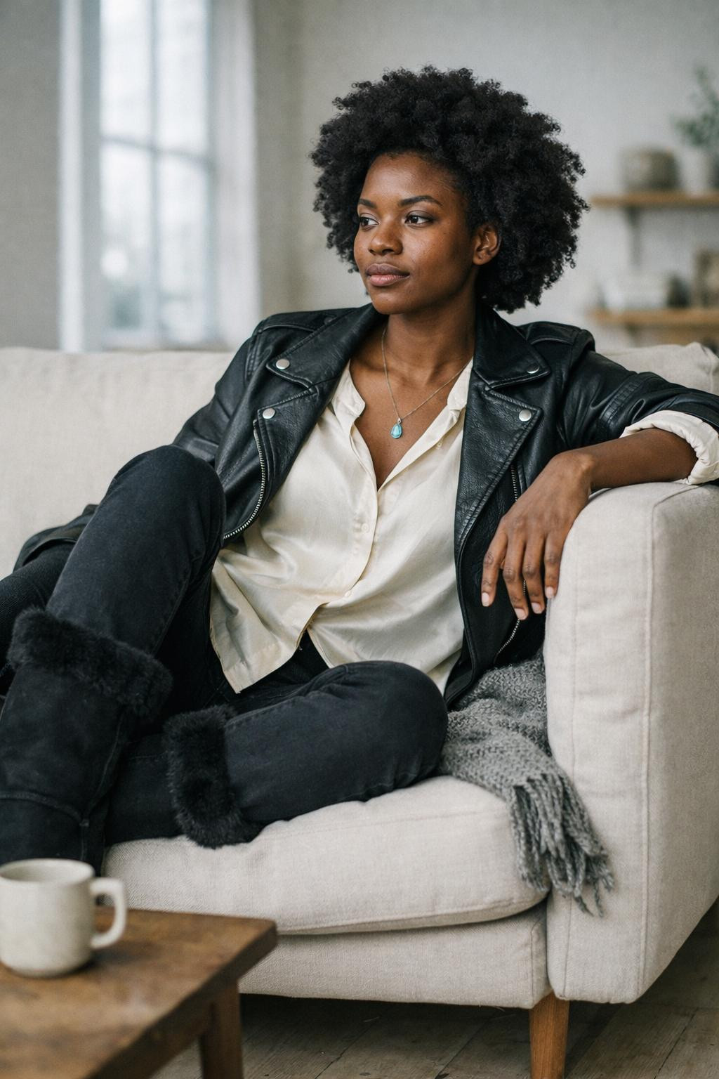 Fur boots outfit black women with black suede boots and silk blouse