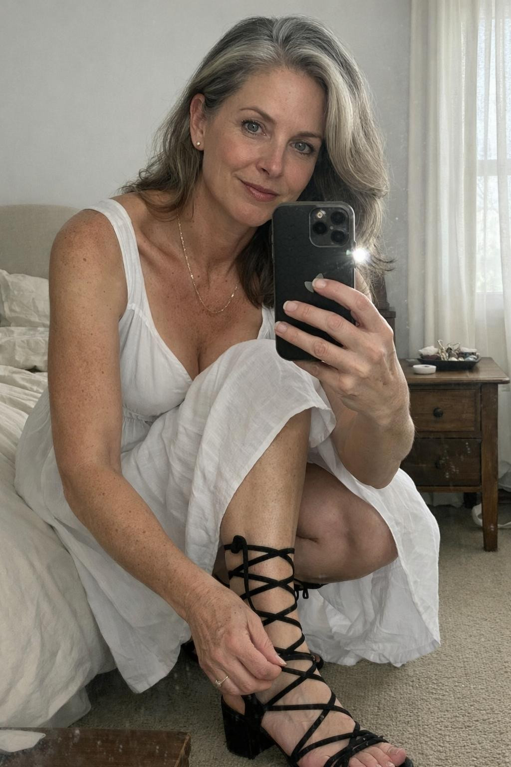 Gladiator sandals with empire waist white linen dress