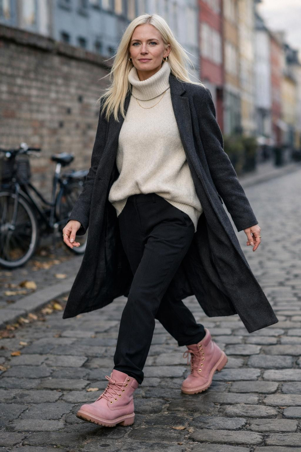Pink Timberland boots outfit Nordic street style with charcoal coat