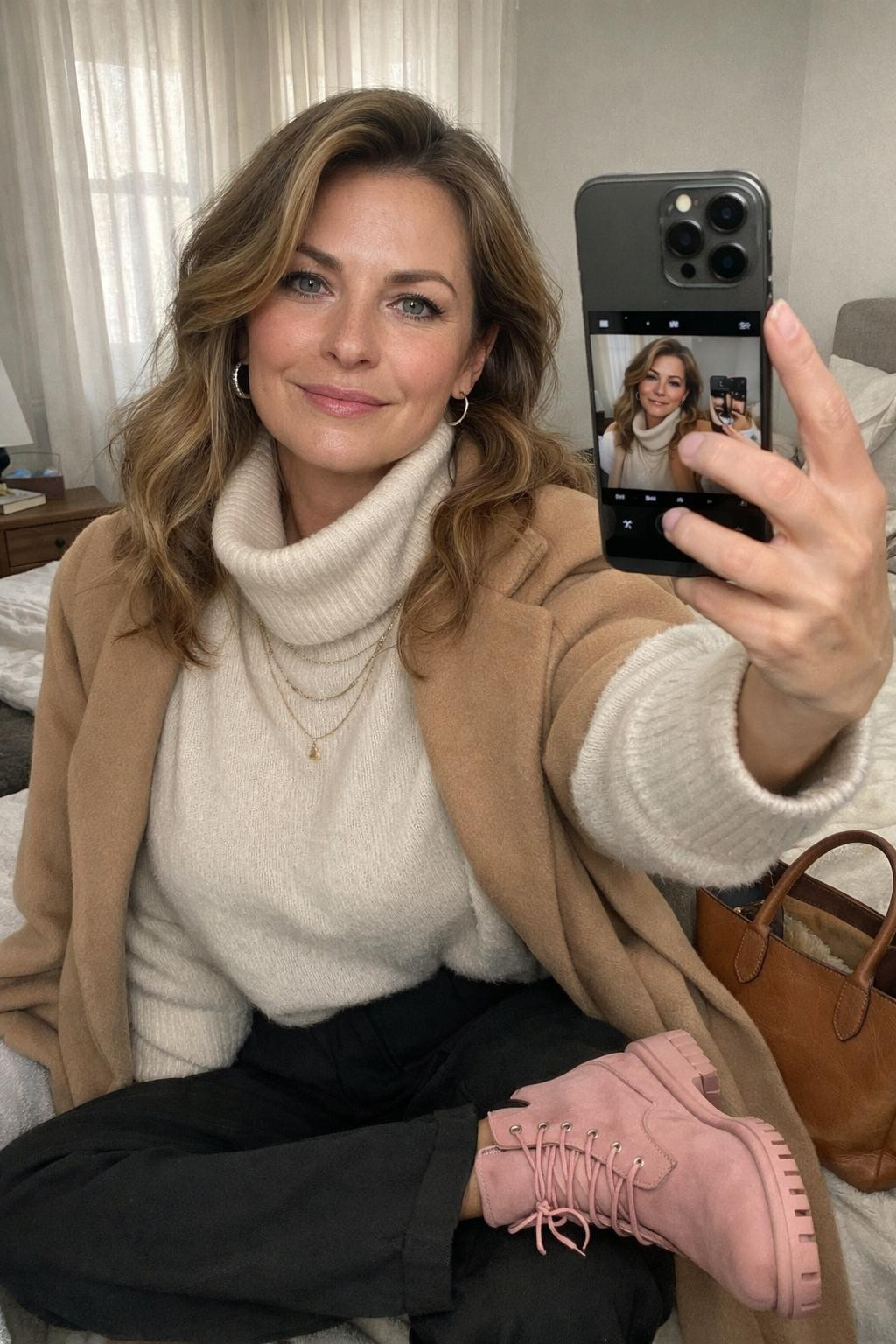 Pink Timberland boots outfit bedroom selfie with camel coat