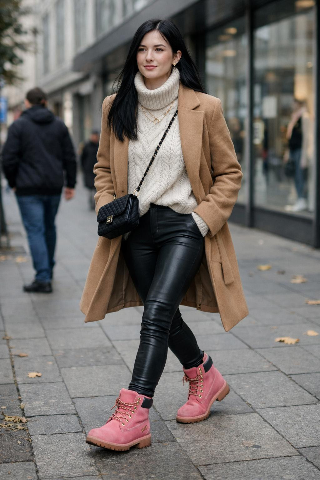 Pink Timberland boots outfit with black leather leggings and turtleneck