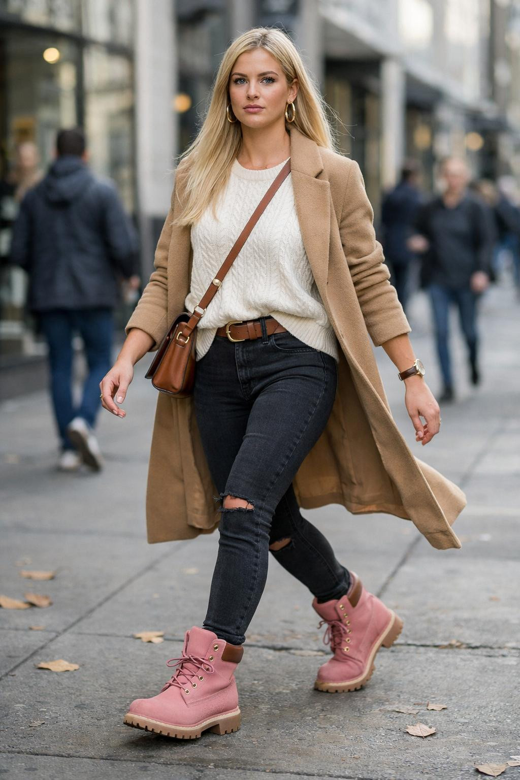 Pink Timberland boots outfit urban street style with cream sweater