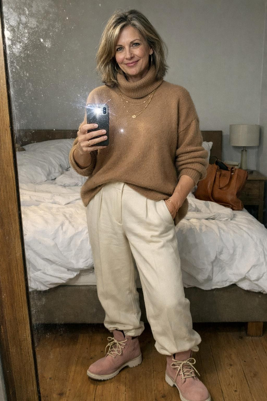 Pink Timberland boots outfit with cream wide-leg trousers mirror selfie