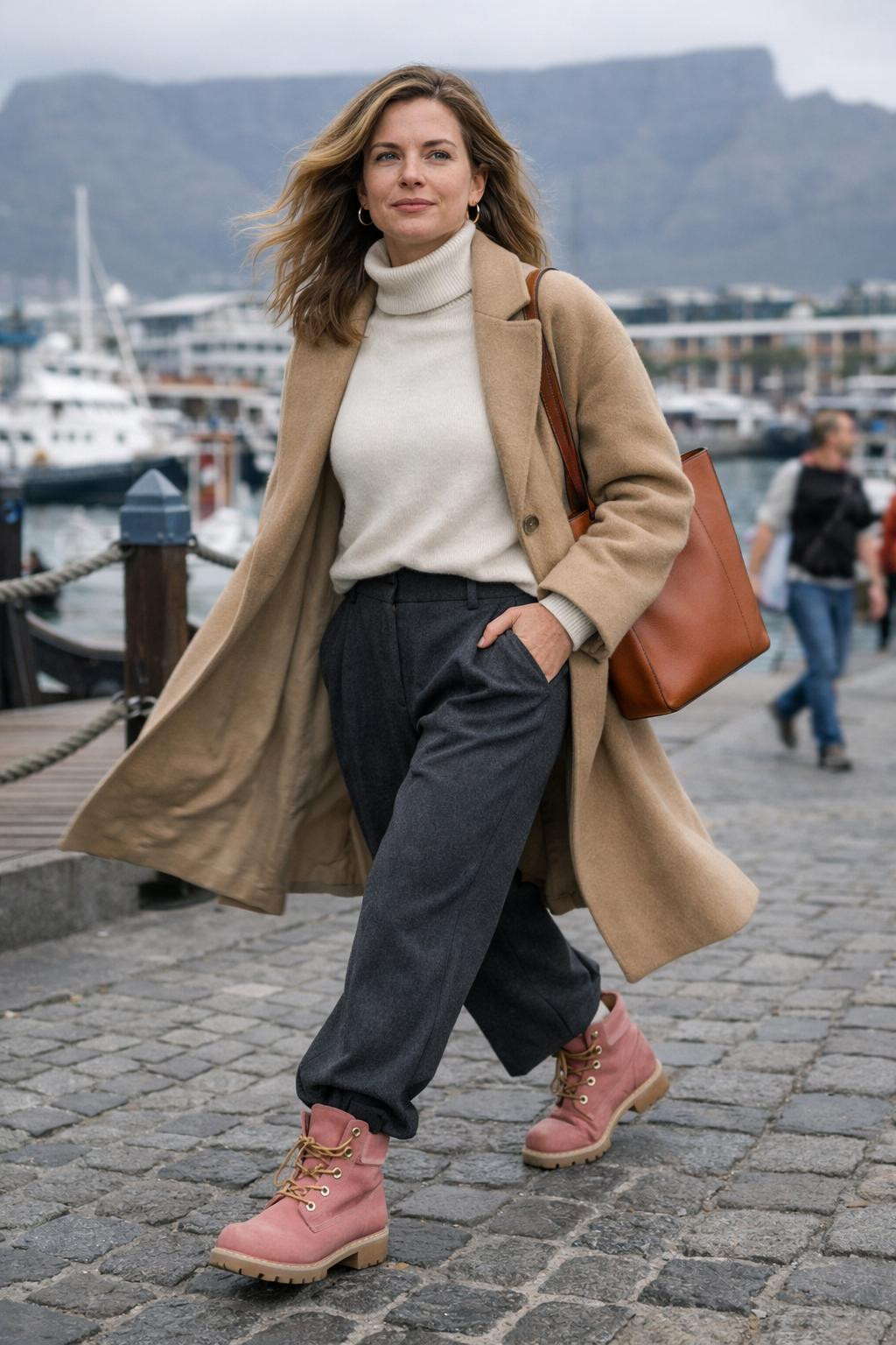 Pink Timberland boots outfit Cape Town waterfront with suede boots